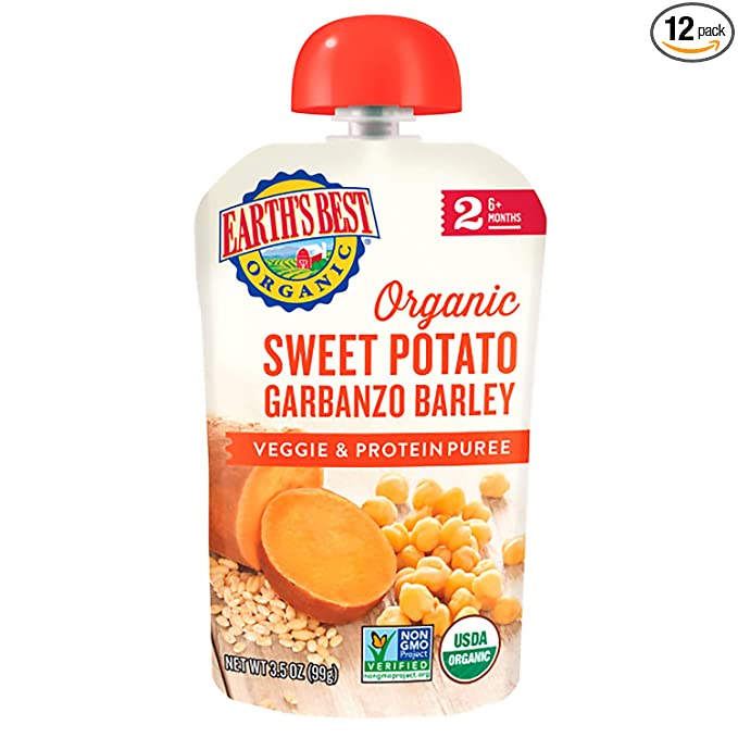  Earth's Best Organic Stage 2 Baby Food, Sweet Potato Garbanzo Barley, 3.5 oz Pouch (Pack of 12)  - 023923333628