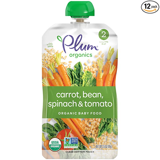  Plum Organics Baby Food Pouch | Stage 2 | Carrots, Beans, Spinach & Tomato | 3.5 Ounce | 12 Pack | Fresh Organic Food Squeeze | For Babies, Kids, Toddlers  - 778894670394