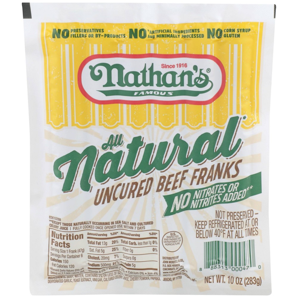 NATHAN’S FAMOUS: All Natural Uncured Beef Franks, 10 oz - 0888313000470