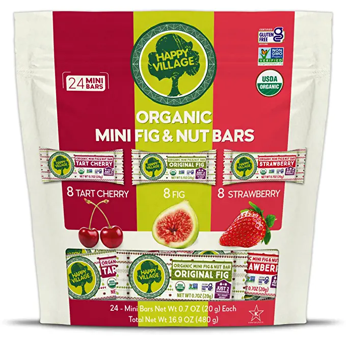  Organic Mini Fig & Nut Bars (Variety 24 Packs) - Happy Village - No Refined Sugar, Non-GMO, Gluten Free, Vegan, Good Source of Fiber Snack Bars ( 8 Tart Cherry, 8 Fig, 8 Strawberry)  - 889896928915