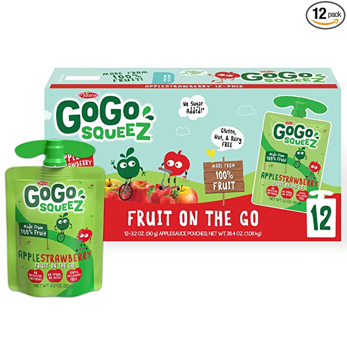  GoGo squeeZ Fruit on the Go, Apple Strawberry, 3.2 oz. (12 Pouches) - Tasty Kids Applesauce Snacks Made from Apples & Strawberries - Gluten Free Snacks for Kids - Nut & Dairy Free - Vegan Snacks  - 890000001189