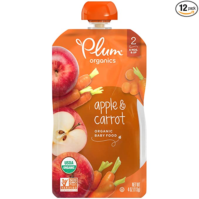 Plum Organics Baby Food Pouch | Stage 2 | Apple & Carrot | 3.5 Ounce | 12 Pack | Fresh Organic Food Squeeze | For Babies, Kids, Toddlers - 890180001221