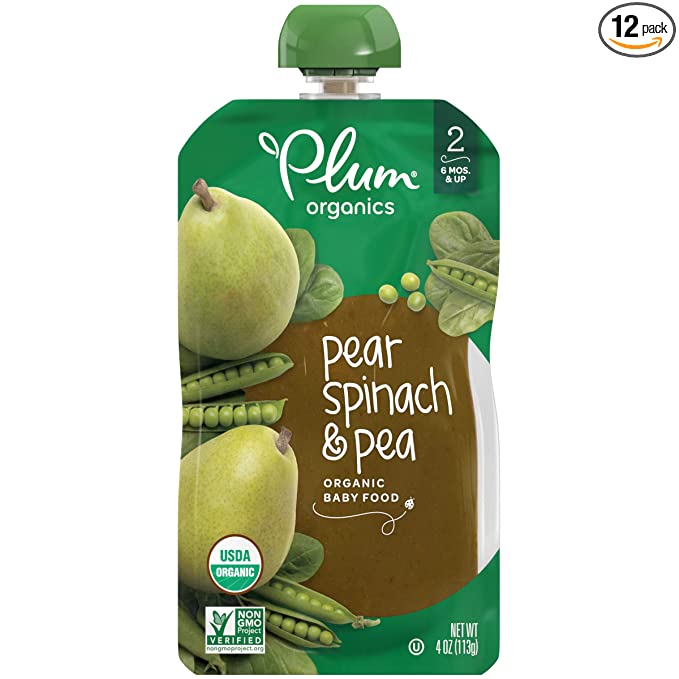  Plum Organics Baby Food Pouch | Stage 2 | Pear, Spinach and Pea | Fresh Organic Food Squeeze | For Babies, Kids, Toddlers | 4 Ounce (Pack of 6)  - 890180001191
