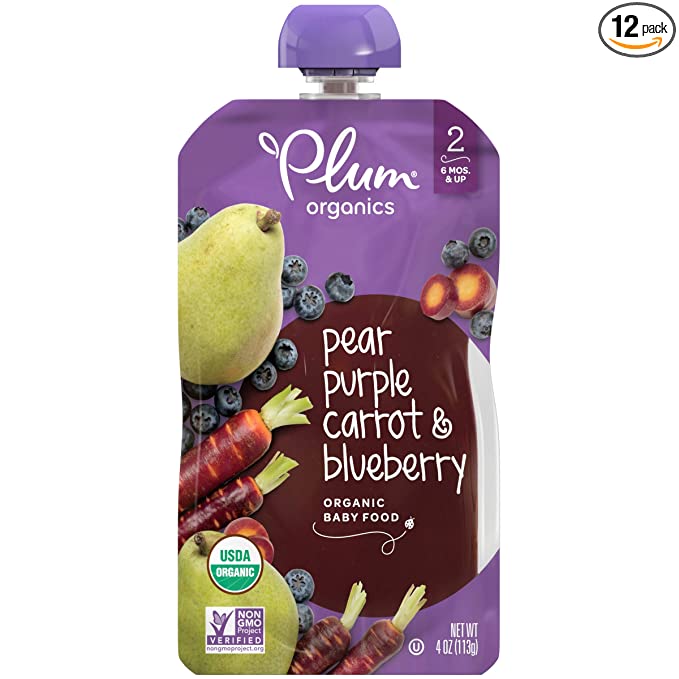  Plum Organics Baby Food Pouch | Stage 2 | Pear, Purple Carrot and Blueberry | Fresh Organic Food Squeeze | For Babies, Kids, Toddlers, 4 Ounce (Pack of 12)  - 890180001979