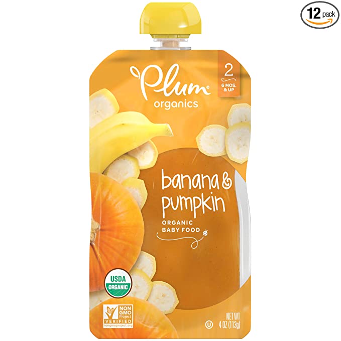 Plum Organics Baby Food Pouch | Stage 2 | Banana and Pumpkin | 3.5 Ounce | 12 Pack | Fresh Organic Food Squeeze | For Babies, Kids, Toddlers - 890180001597