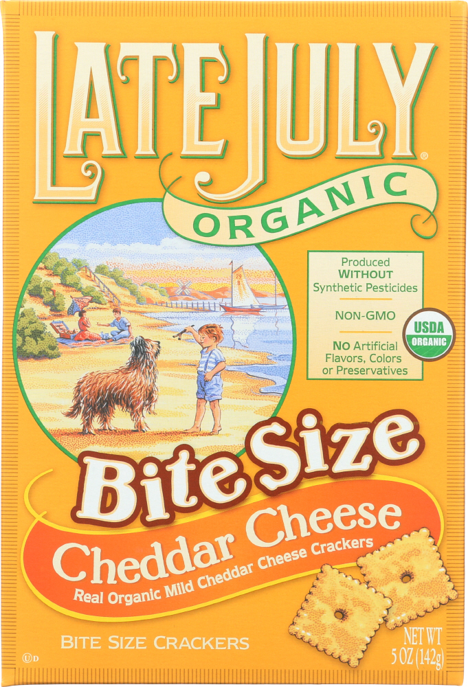 LATE JULY: Organic Bite Size Cheddar Cheese Crackers, 5 oz - 0890444000359