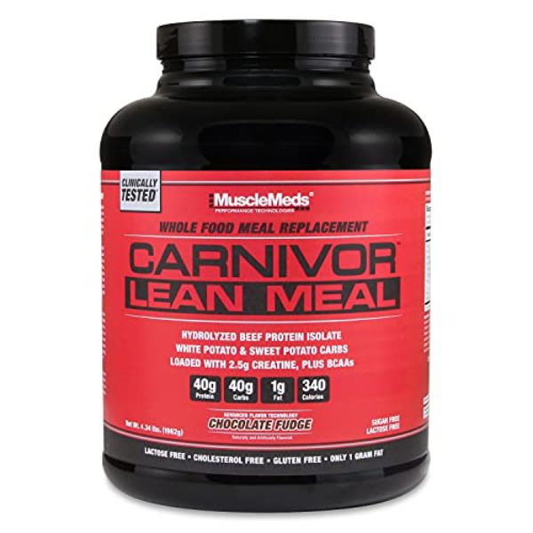 MuscleMeds CARNIVOR Lean Meal Whole Food Meal Replacement Shake, MRE, Beef Protein Isolate, White Potato, Sweet Potato, 40g Protein, 40 g Carbs, Lactose Free, Sugar Free, Chocolate Fudge 20 Servings (B09CV9JCYT) - 891597005284