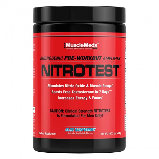 MuscleMeds Nitrotest Pre-Workout Supplement Drink, Boost Nitric Oxide, Testosterone, Blue Raspberry, 30 Serving (B0891DLN5J) - 891597005833