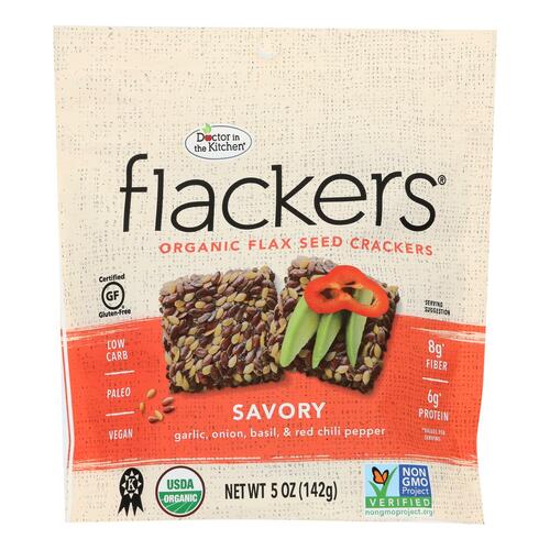 DOCTOR IN THE KITCHEN: Flackers Flax Seed Crackers Savory Garlic-Onion-Basil and Red Chile Pepper, 5 oz - 0893615002008