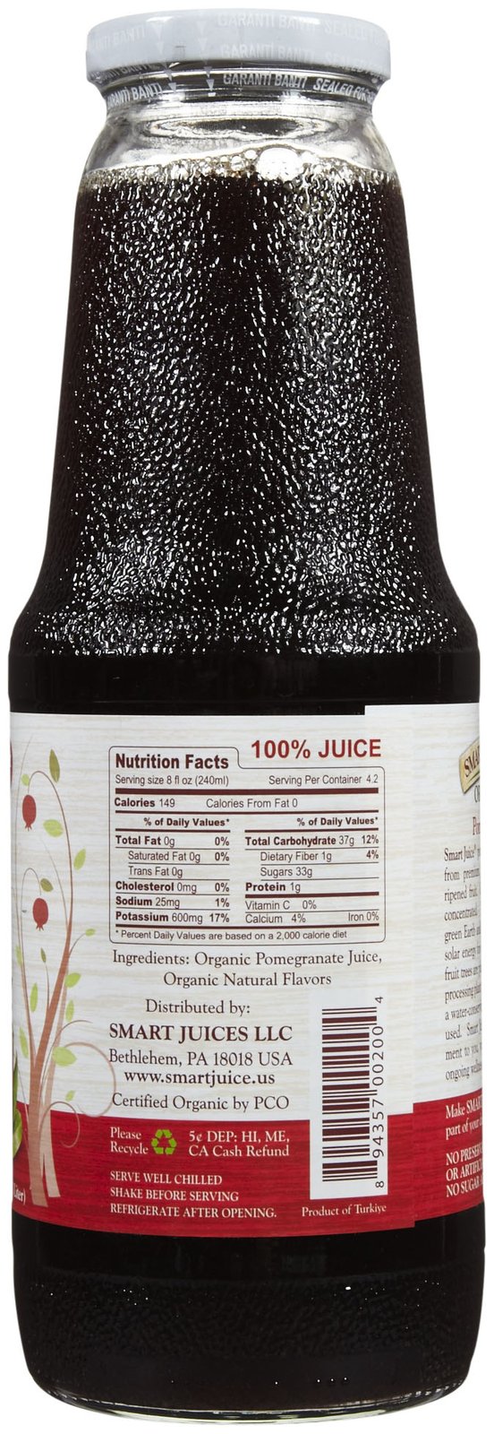 SMART JUICE: 100% Juice Organic Pomegranate, 33.8 oz - 0894357002004