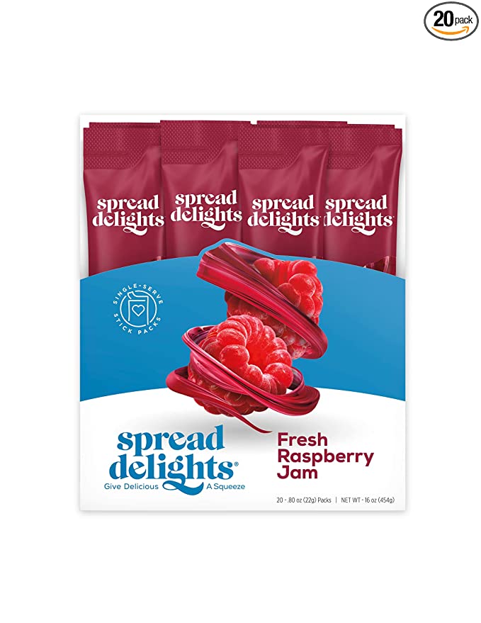 Spread Delights Raspberry Jam — Single Serve Packs for On-the-Go Snacks, All Natural, (20-Count) - 894537000424