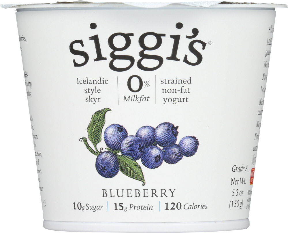 SIGGI’S: Icelandic Style Skyr Strained Non Fat Blueberry Yogurt, 5.3 oz - 0898248001015