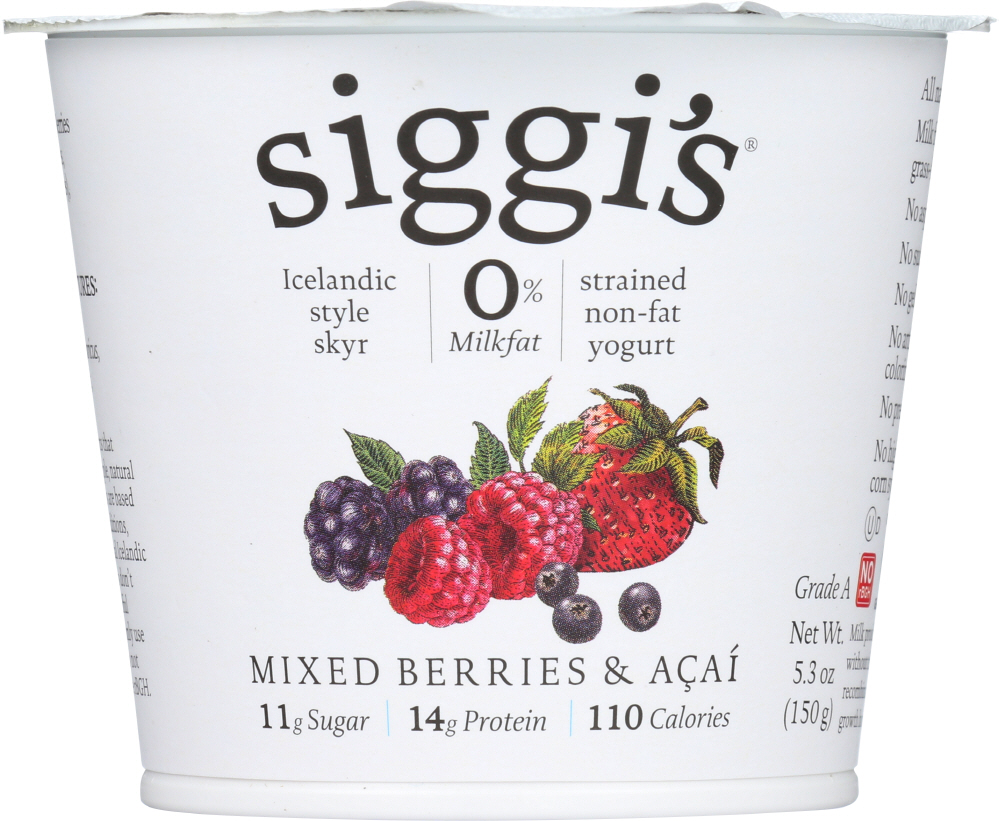SIGGI’S: Yogurt Strained Non Fat Icelandic Style Skyr Acai & Mixed Berries, 5.3 oz - 0898248001060