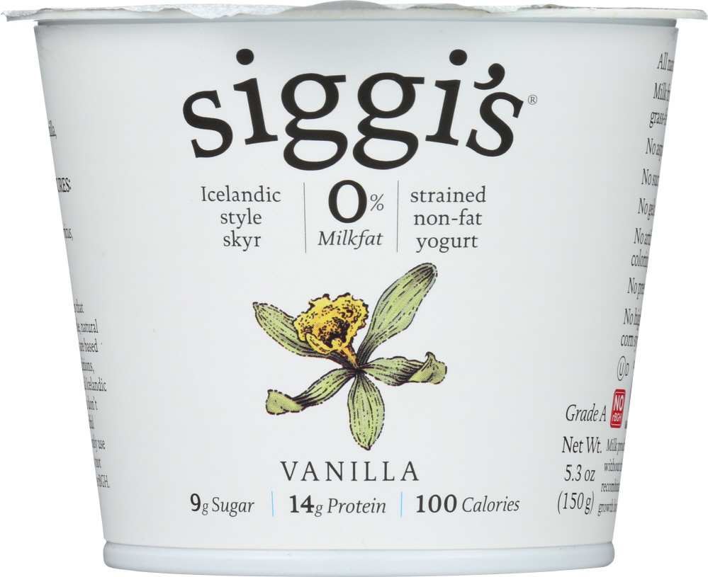 SIGGI’S: Icelandic Style Strained Non-Fat Yogurt Vanilla, 5.3 oz - 0898248001077