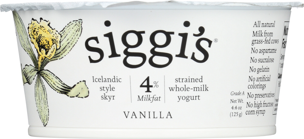 SIGGI’S: 4% Strained Whole Milk Yogurt Vanilla, 4.4 oz - 0898248001572