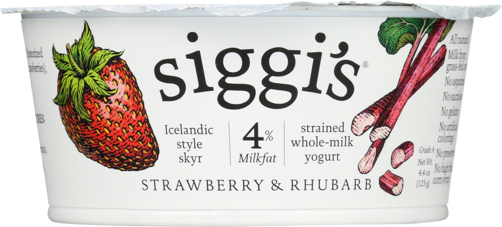 SIGGI’S: 4% Whole Milk Strained Yogurt Strawberry Rhubarb, 4.4 oz - 0898248001589