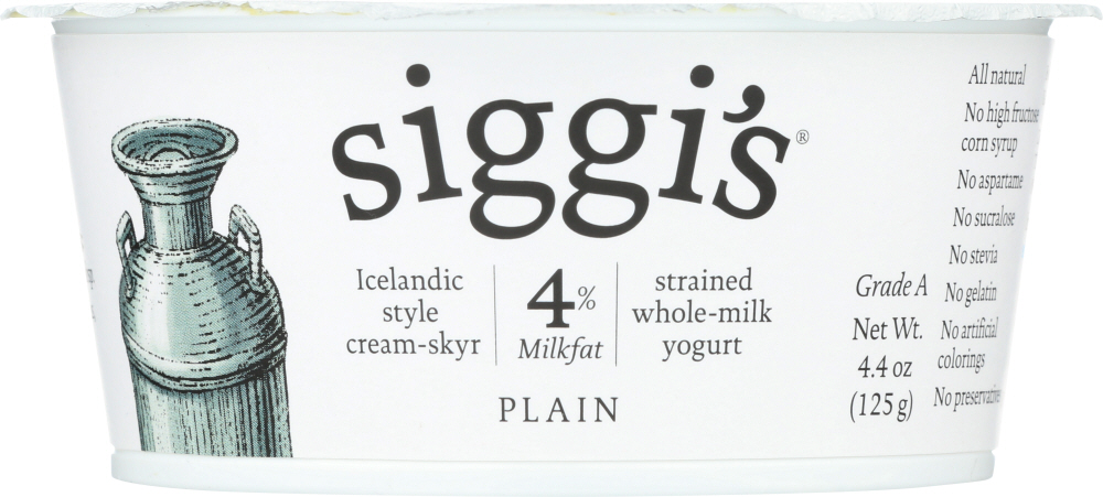 SIGGI’S: 4% Milkfat Strained Whole-Milk Yogurt Plain, 4.4 oz - 0898248001602