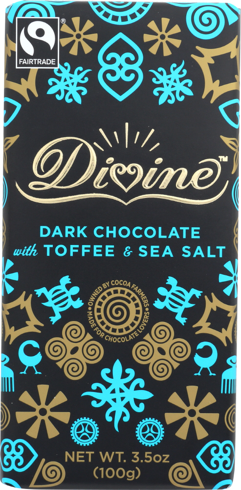 DIVINE CHOCOLATE: Chocolate Bar Dark with Toffee and Sea Salt, 3.5 oz - 0898596001835