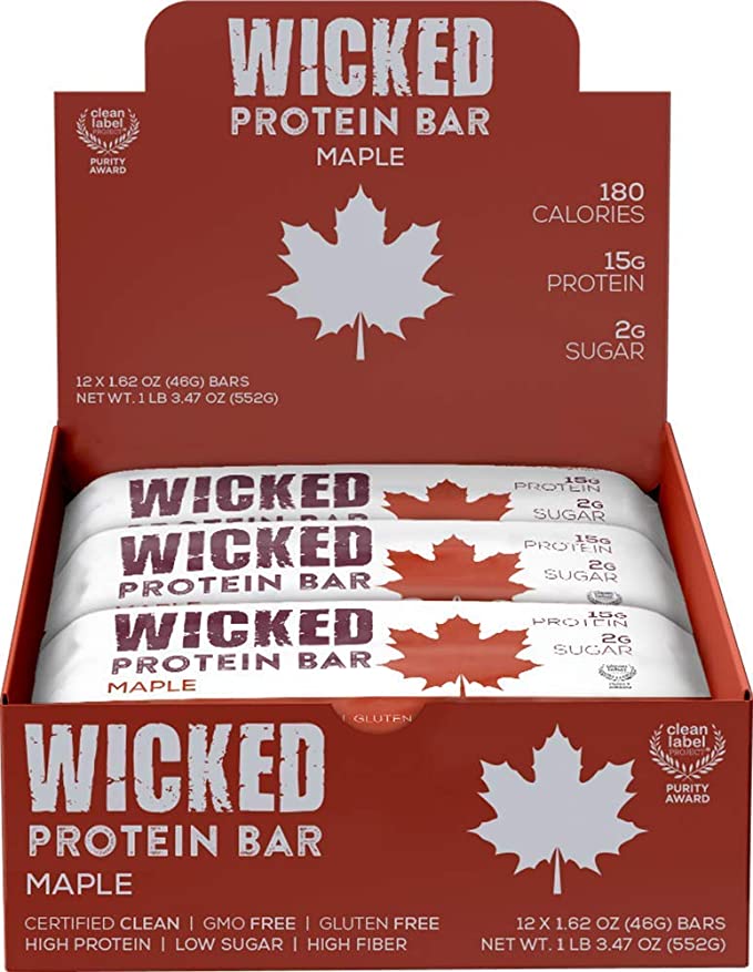  WICKED Protein Bar, Maple, 15g Protein, 2g Sugar, Clean Label Project certified, 12 bars, Gluten Free, GMO Free, Breakfast Bar, Premium Protein Snack, Low Sugar, Nothing Artificial  - 899447001660