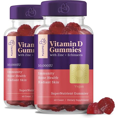 Vegan Vitamin D3 10000 IU Gummies with Zinc Echinacea Vit D Chewable Supplements for Adults Kids - Vitamina Vitimin. D 3 Gummie Immune Bone Support Alternative to Liquid Drops Tablets (2 Pack) - 975750075274